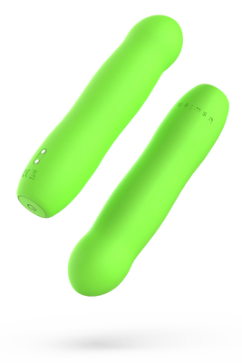 Sleek green silicone personal massager with smooth rounded tip and discreet control buttons, USB rechargeable and waterproof design.