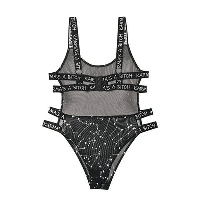 Black metallic mesh bodysuit with constellation print and bold "Karma's A Bitch" strap details.