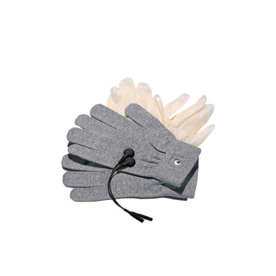 Mystim Magic Gloves set with gray electro-conductive gloves and clear vinyl insulating gloves on white background