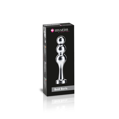 Mystim Bold Boris Ball Dildo in sleek silver metal with three rounded curves, displayed on black packaging box.