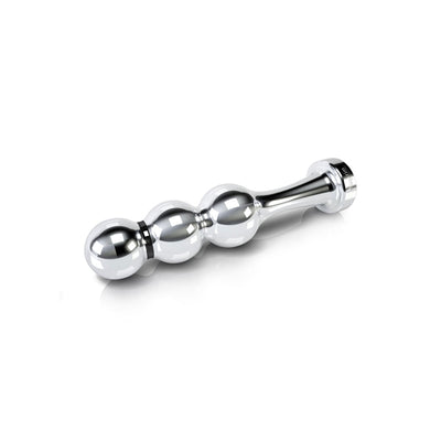Smooth polished metal dildo with three spherical curves and a flared base for safe use.