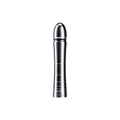 Sleek metallic Mystim Glossy Glen Dil with smooth, tapered design and subtle grip rings for easy handling and insertion.