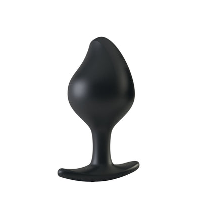 Black silicone Mystim Rocking Force S anal plug with ergonomic tapered shape and flared base for safe use.