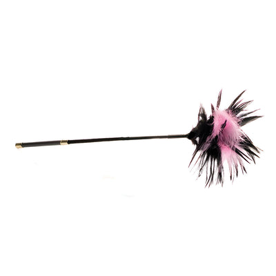 Black handle feather tickler with soft pink and black feathers for gentle teasing and sensory play.