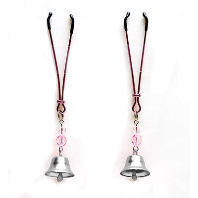 Adjustable pink metal nipple clamps with silver bells and pink beads on a white background.