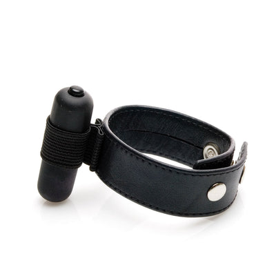 Adjustable black leather vibrating ring with a detachable bullet vibrator and snap button closure on white background.