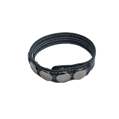 Adjustable black leather ring with five silver snap buttons and white stitching detail.