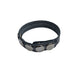 Adjustable black leather ring with five silver snap buttons and white stitching detail.