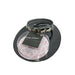Black leather adjustable ring with five silver snap buttons displayed on branded packaging.