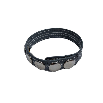 Black leather adjustable ring with five silver snap buttons and white stitching detail