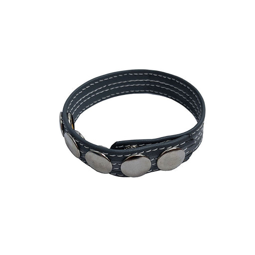 Black leather adjustable ring with five silver snap buttons and white stitching detail