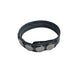 Black leather adjustable ring with five silver snap closures and white stitching detail.