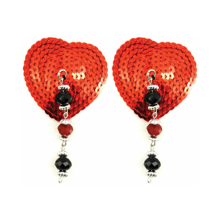 Red sequin heart-shaped pasties with dangling black and red faceted beads.