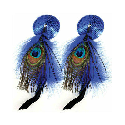 Pair of blue sequin round pasties adorned with vibrant peacock feathers and soft blue feathers.
