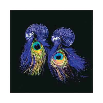 Blue sequin round pasties adorned with vibrant peacock feathers on a black background.