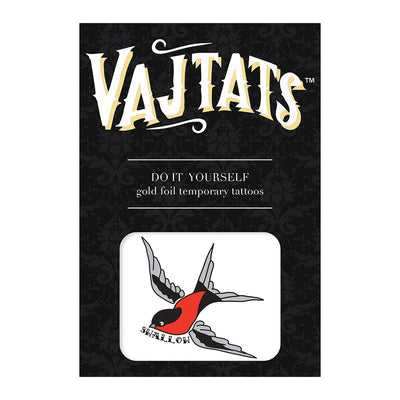 Vajtats packaging featuring a swallow temporary tattoo design with black, red, and gray colors on a black patterned background.