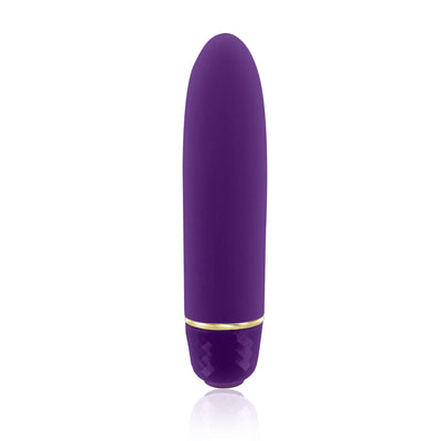 Purple sleek vibrator with gold accent and textured base, made from smooth silicone.