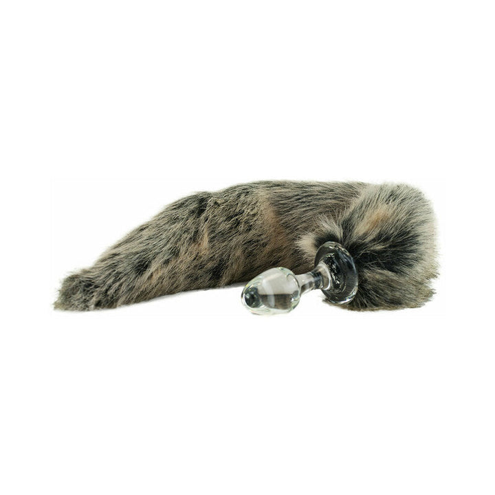 Crystal Delights Minx tail plug with clear glass plug and long soft faux fur tail in natural gray tones.