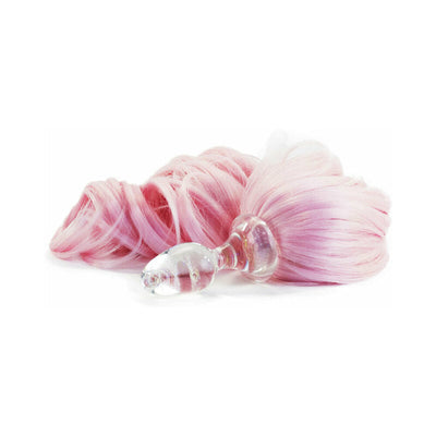 Clear glass anal plug with a soft pink curly ponytail attached to the flared base for playful role play.