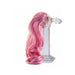 Clear glass anal plug with long, curly pink ponytail attached, displayed on a transparent pedestal.