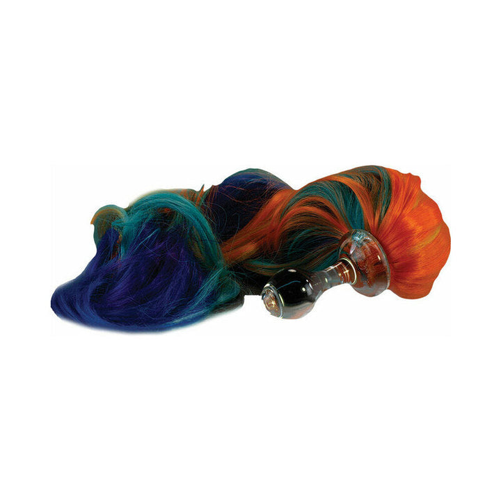 Glass anal plug with vibrant curly ponytail in shades of blue, green, and orange for playful role-play.