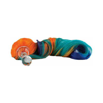 Clear glass anal plug with a vibrant multicolored curly ponytail attached to the flared base.