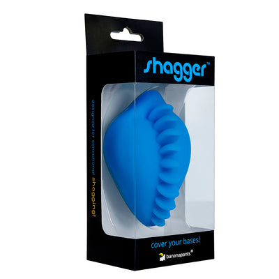 Blue silicone Shagger dildo base cover in black retail packaging by Banana Pants.