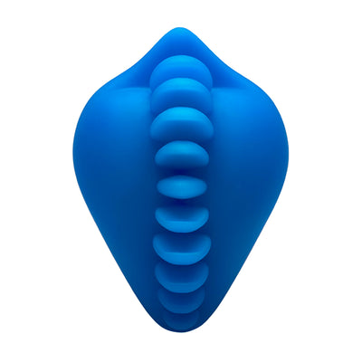 Blue silicone Shagger dildo base cover with textured ridges for enhanced stimulation.