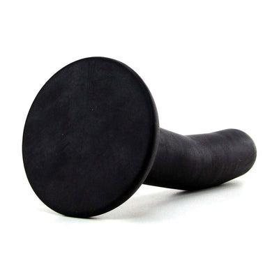 Small black silicone curved dildo with wide base designed for G-spot stimulation and harness use.