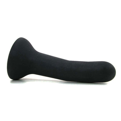 Black medium-sized curved silicone dildo with flared base designed for G-spot stimulation.