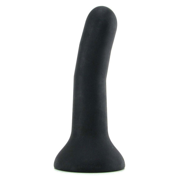 Black medium-sized curved silicone dildo with a smooth surface and flared base for stability.