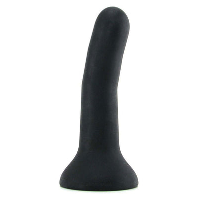 Black medium-sized curved silicone dildo with a smooth surface and flared base for stability.