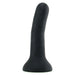 Black medium-sized curved silicone dildo with a smooth surface and flared base for stability.