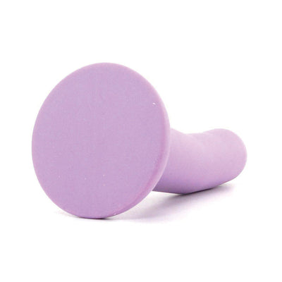 Smooth lavender silicone toy with a subtle curve and wide base for comfortable use and stability.