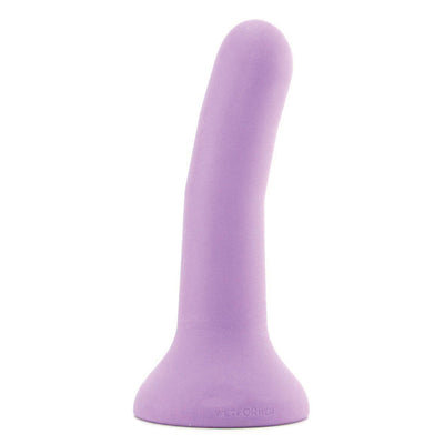 Medium-sized lavender silicone dildo with a smooth curved design and flared base by Wet for Her.