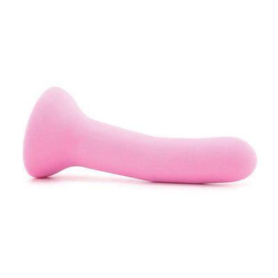 Smooth pink silicone curved dildo with flared base designed for G-spot stimulation, medium size.