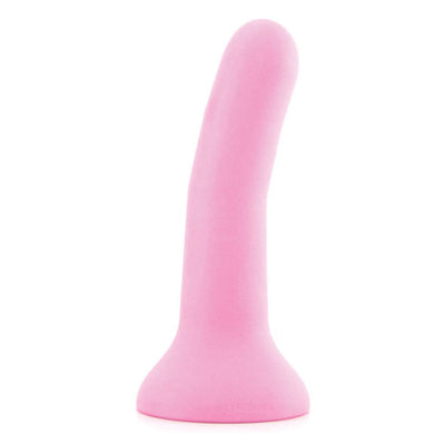 Smooth pink silicone curved dildo with flared base designed for G-spot stimulation, medium size.