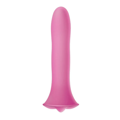 Small pink silicone clitoral stimulator with ergonomic flared base and smooth, sleek design.