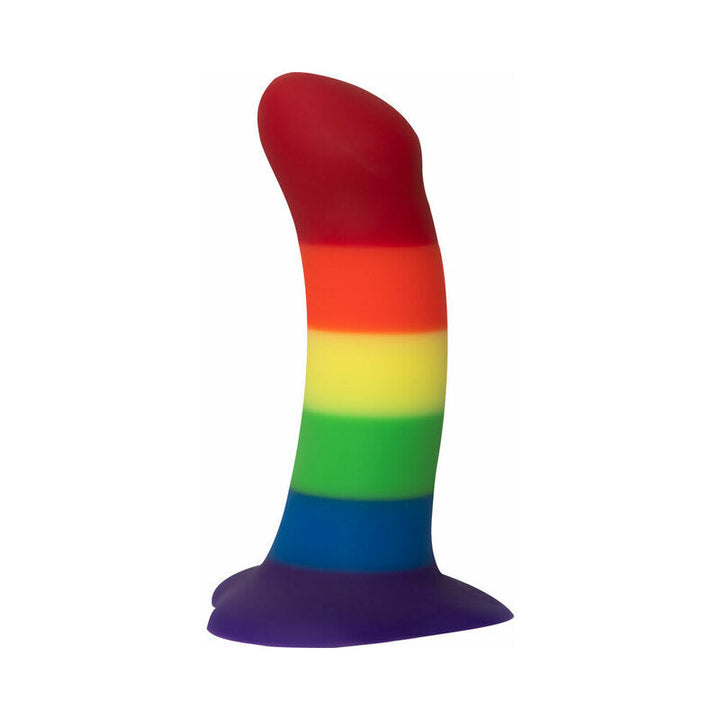 Rainbow-colored silicone dildo with curved tip and suction base, designed for G-spot or prostate stimulation.