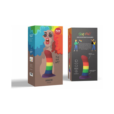 Fun Factory Amor Pride dildo packaging showing rainbow-colored toy with suction base and colorful illustrated box design.