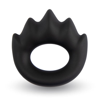 Black soft silicone cock ring with five peak-shaped projections and an oval center opening.