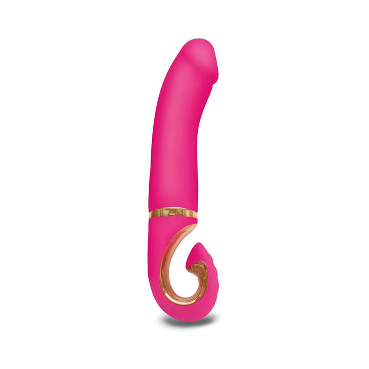 Compact curved G-spot vibrator in vibrant wildberry with ergonomic gold-accented handle and smooth silicone finish.