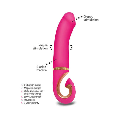 Pink Gvibe Gjay MINI Wildberry vibrator highlighting G-spot and vagina stimulation, Bioskin material, and ergonomic handle design.
