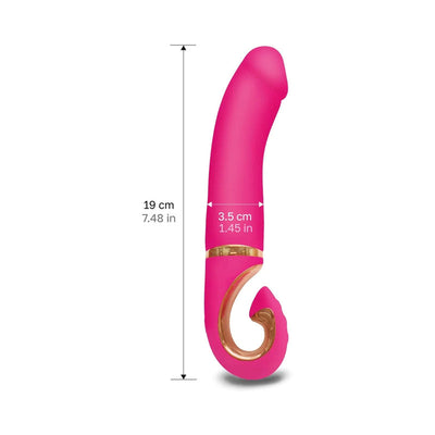 Pink Gvibe Gjay MINI Wildberry vibrator with curved tip and ergonomic handle, measuring 19 cm long and 3.5 cm wide.