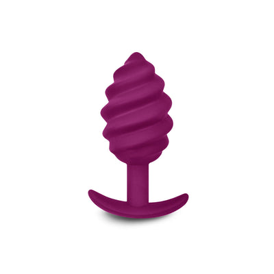 Purple ribbed silicone anal plug with curved base for comfortable wear, Gvibe Gplug Twist 2 in Sweet Raspberry color.