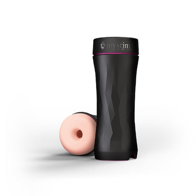 Mystim Opus E-Stim Masturbator Donut with black textured case and soft pink anatomically neutral opening on white background.