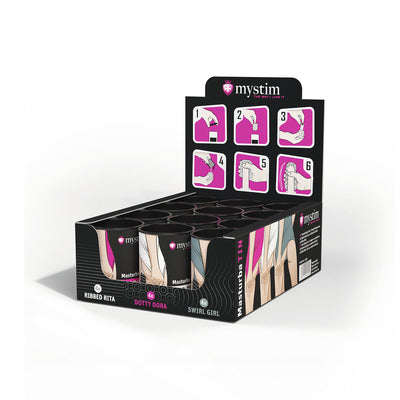 Display box of Mystim MasturbaTin 12pc set featuring three designs with illustrated usage instructions on the back panel.