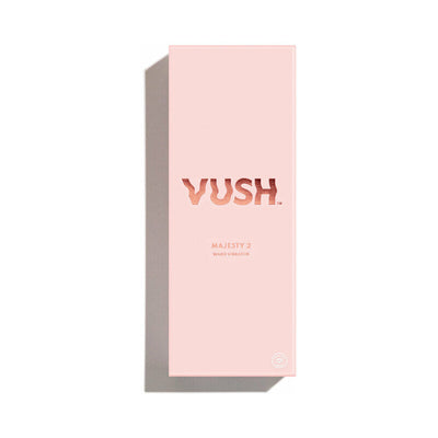 Pink rectangular box packaging for VUSH Majesty 2 wand vibrator with rose gold logo and text on white background.