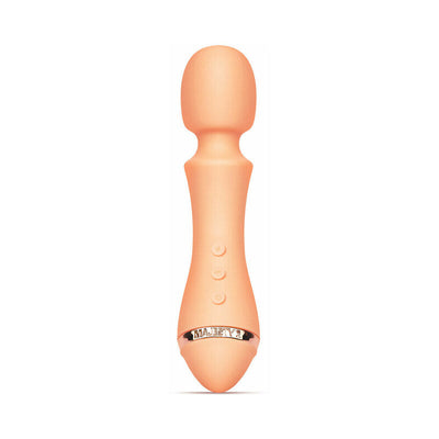 Peach-colored VUSH Majesty 2 wand vibrator with smooth silicone finish and three control buttons on the handle.