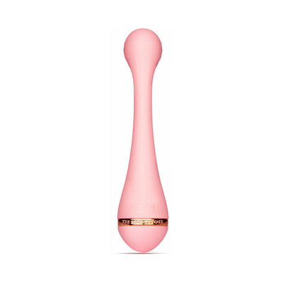 Pink curved VUSH Myth G-Spot vibrator with smooth texture and rose gold accent band.